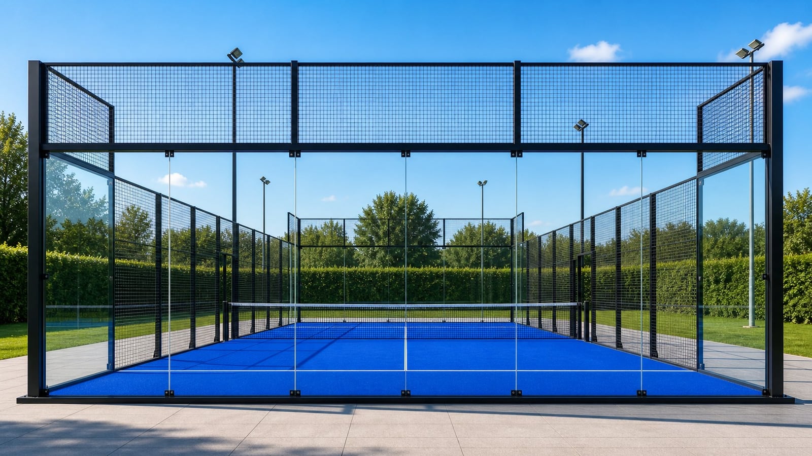 Outdoor padelbaan met helder gereinigd glas